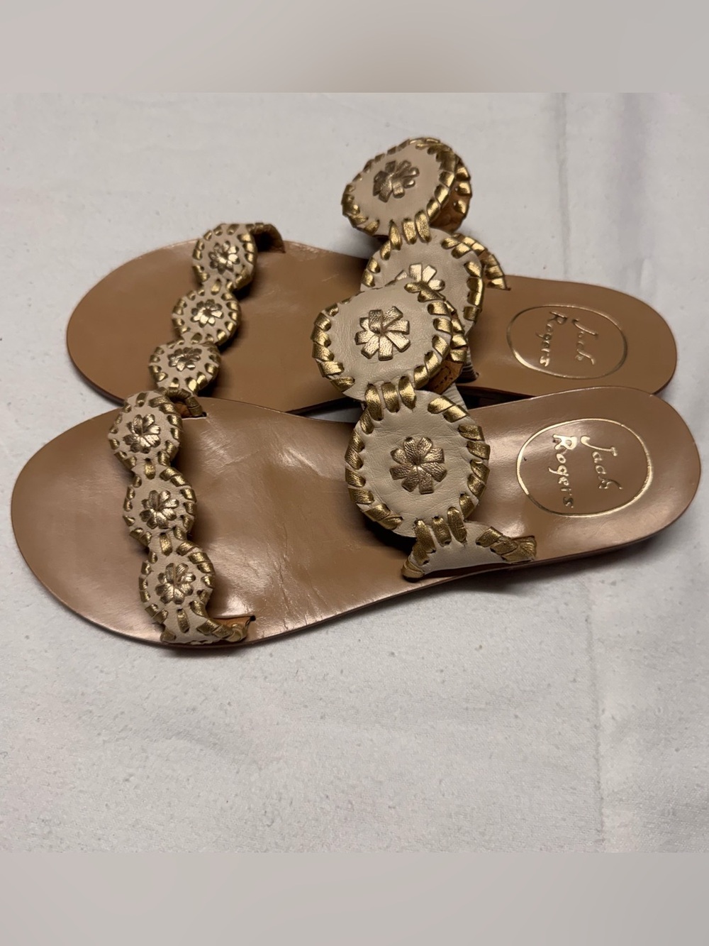 Jack Rogers Beige Leather Sandals with Gold Trim